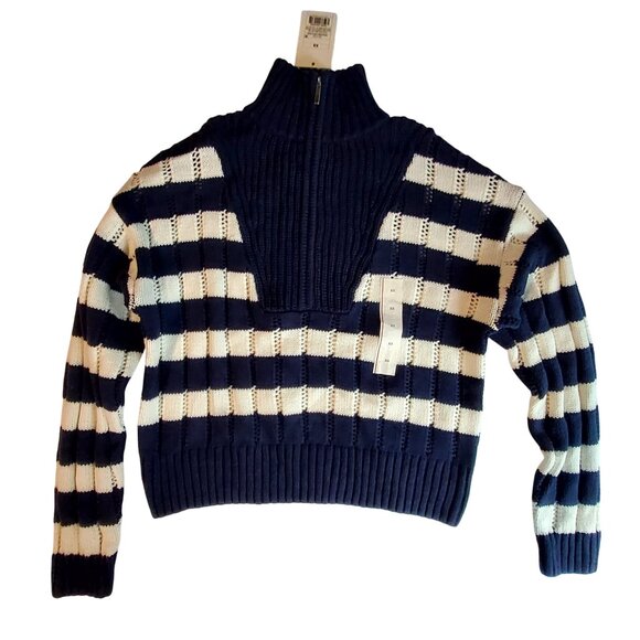 Navy & White Striped Cropped Sweater Half-Zip Collar XS 60% Cotton 40% Acrylic - Picture 1 of 10